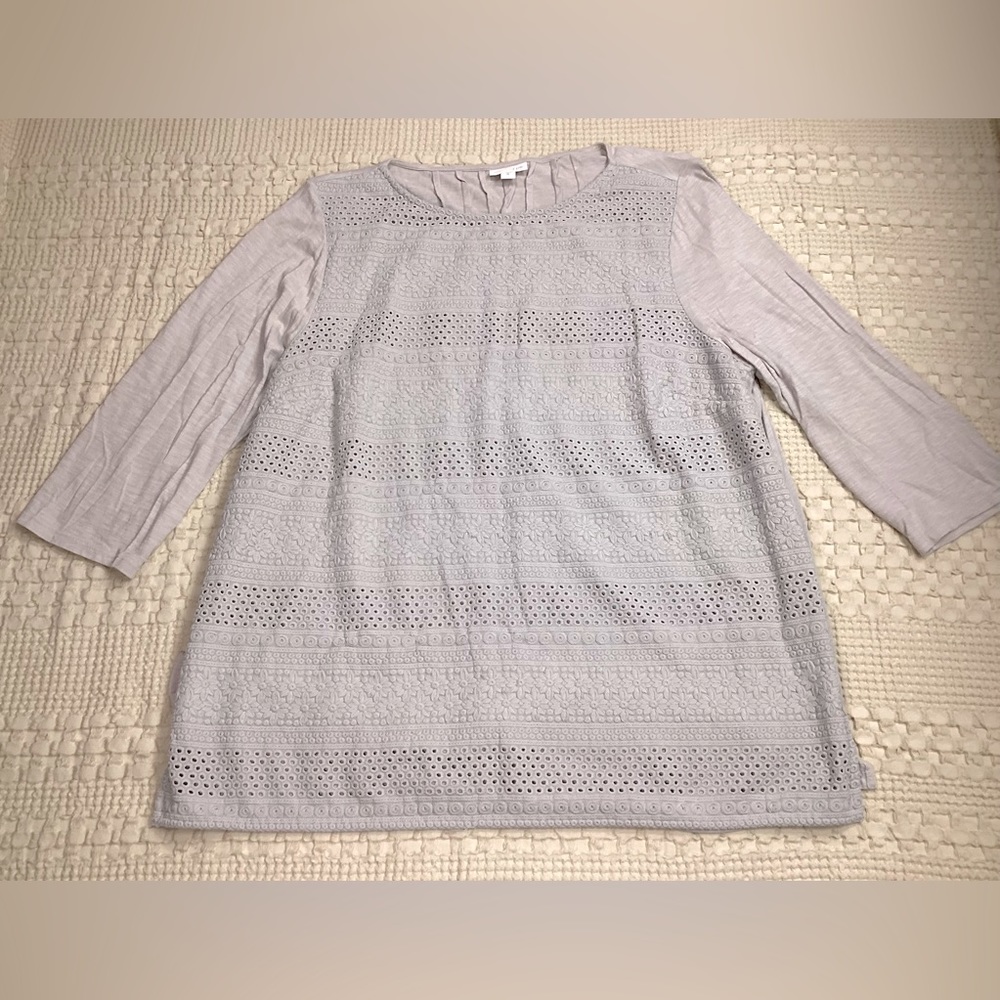 J.Jill Crochet Front Pleat Back 3/4 Sleeve Blouse Light Gray XL